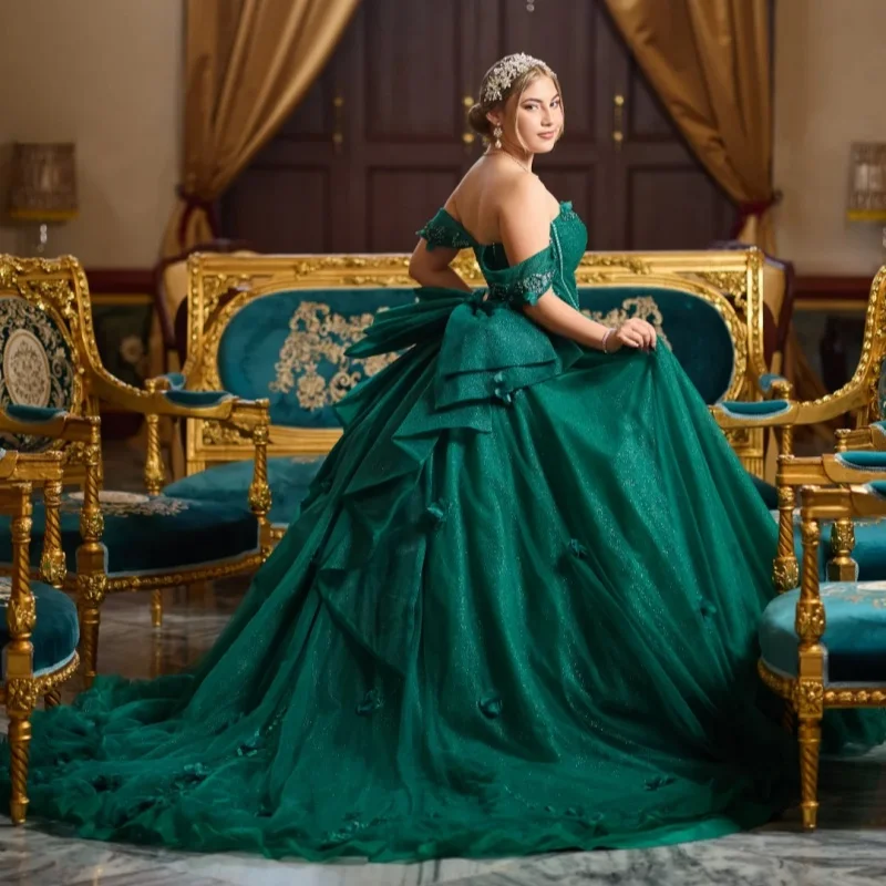 Блестящее темно-зеленое платье quinceanera - Фотография_2