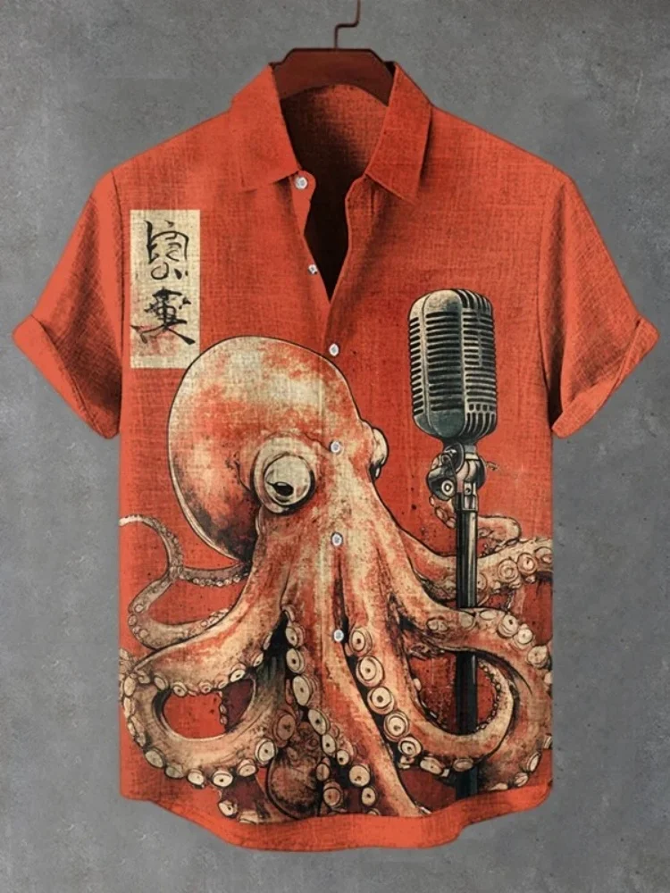 Мужская повседневная рубашка с принтом «осьминог» под вишневым деревом - Фотография_3