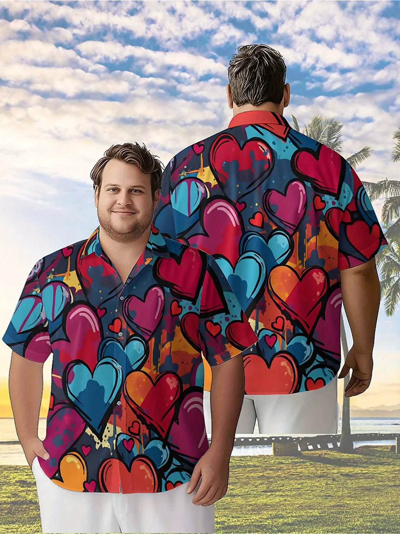 Мужские гавайские рубашки больших размеров с граффити в форме сердца