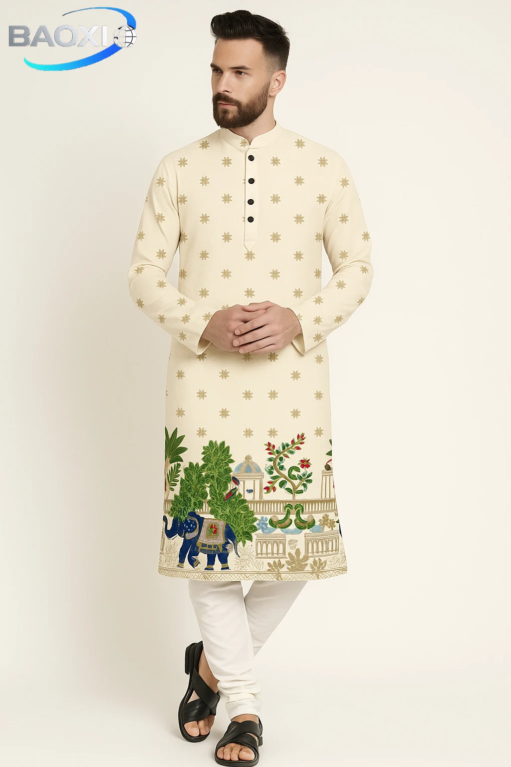 Мужской модный и удобный длинный халат курта сердце с принтом - Фотография_4