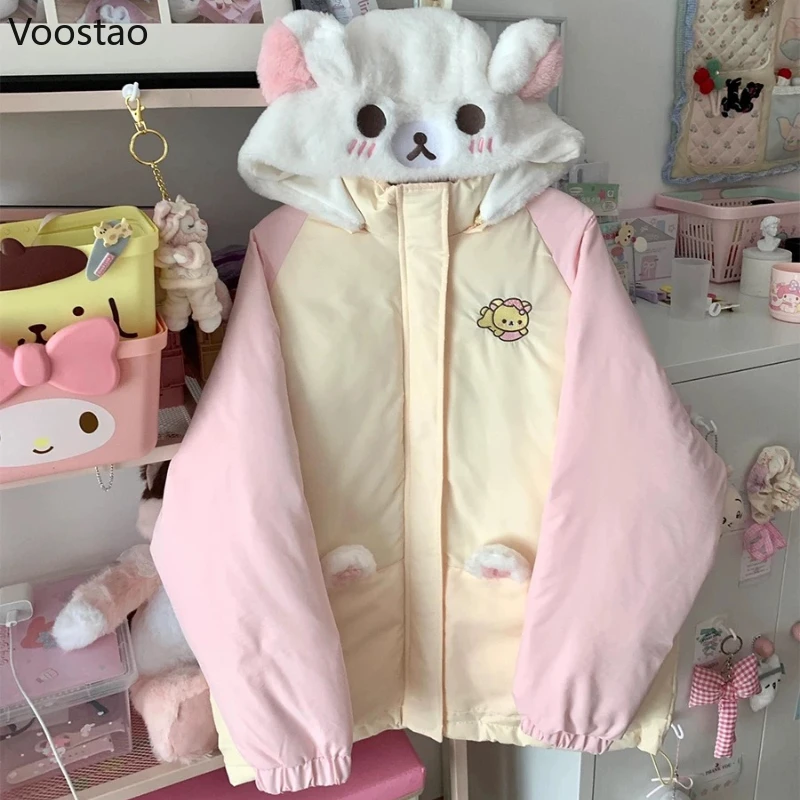 Kawaii зимние парки в стиле лолиты с мультяшной вышивкой
