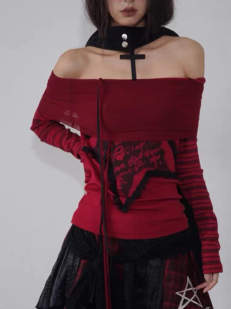 Готические женские футболки houzhou с открытыми плечами - Фотография_5