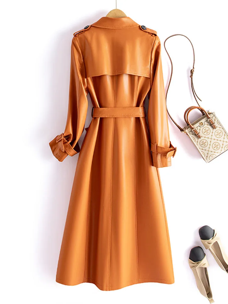 Шикарные женские двубортные плащи из натуральной кожи с поясом на шнуровке - Фотография_2