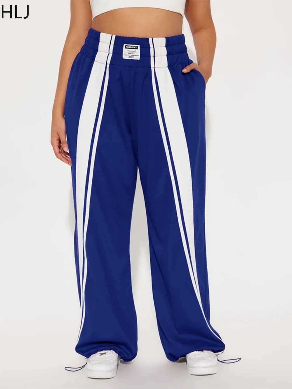 Hlj модные полосатые лоскутные прямые брюки для женщин - Фотография_5