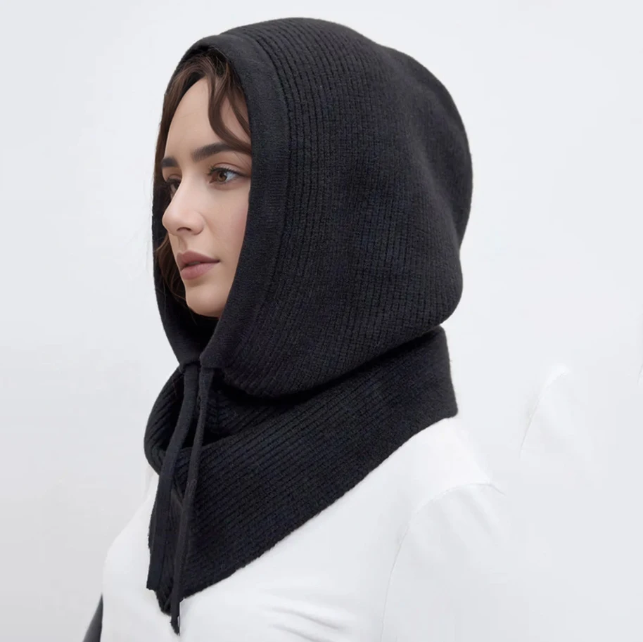 Женская вязаная шапка-бини с шарфом - съемный капюшон «бесконечность» - Фотография_6