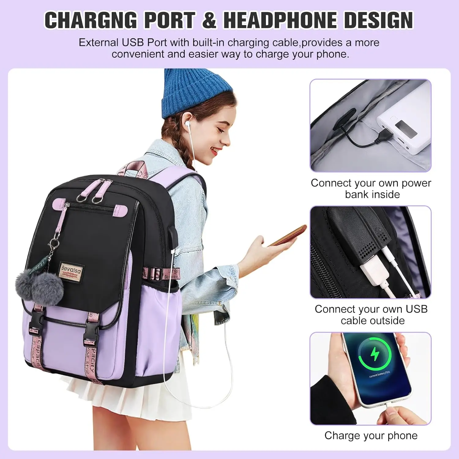 Рюкзак bevalsa с коробкой для завтрака и чехлом для ручек для девочек - Фотография_5