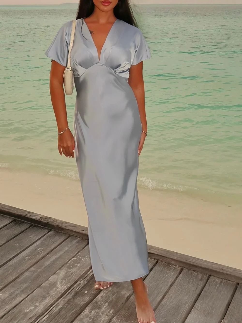 Сексуальная атласная длинная юбка с v-образным вырезом - Фотография_3