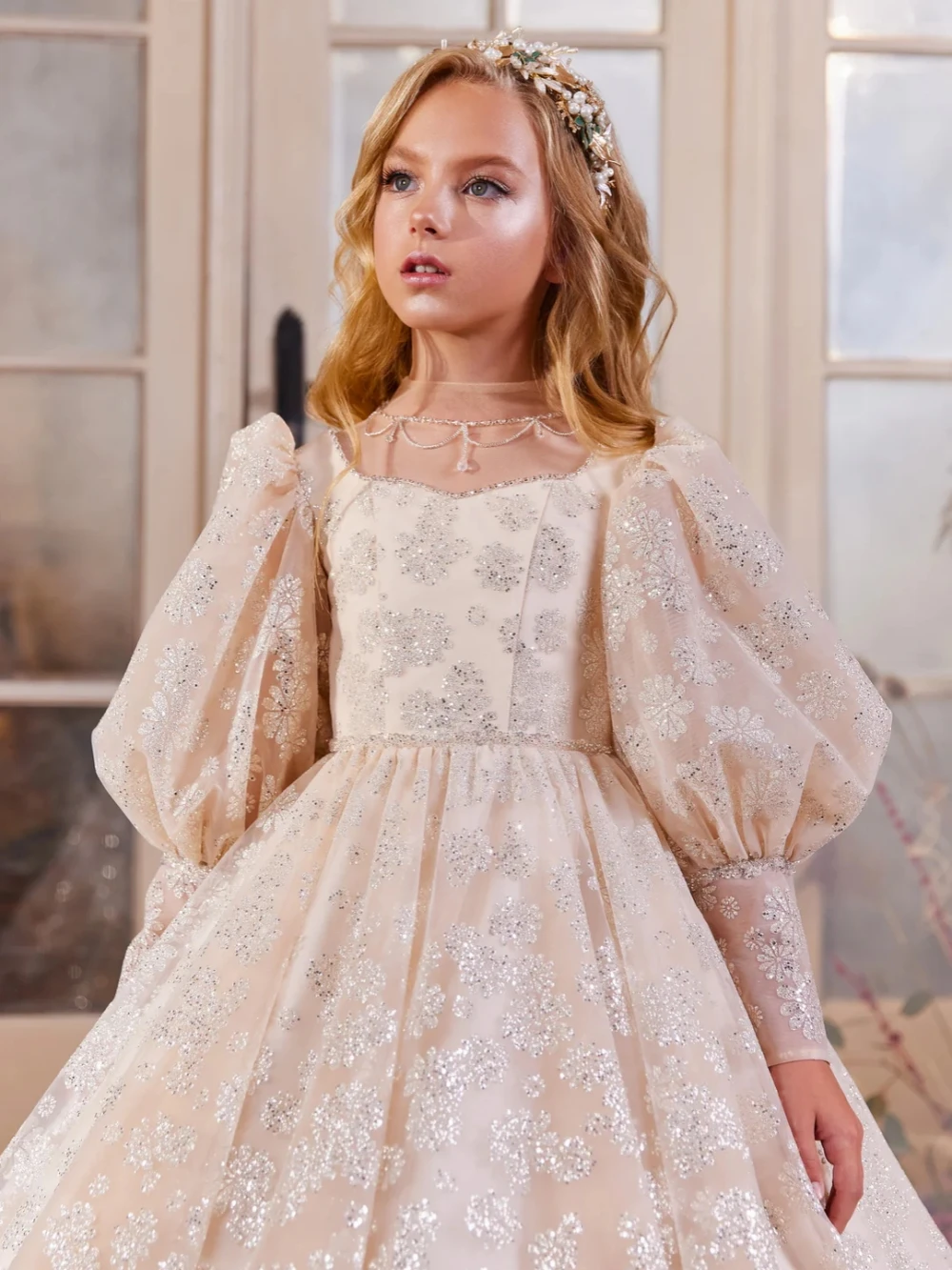 Роскошное длинное платье трапециевидной формы с блестками для девочек - Фотография_2