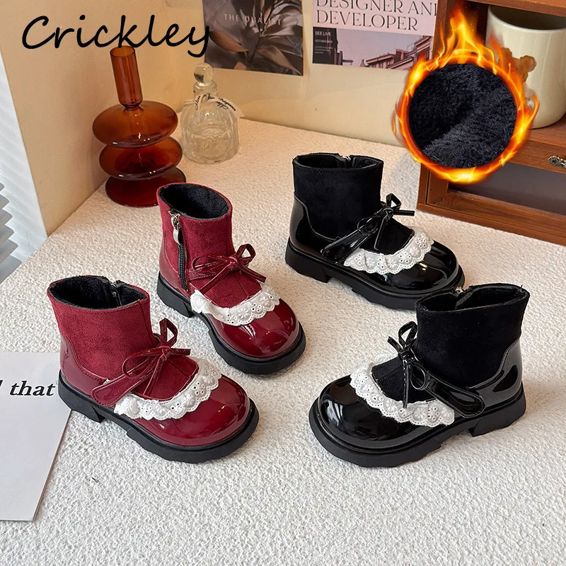 Детские модные ботинки с бантом и кружевом и оборками