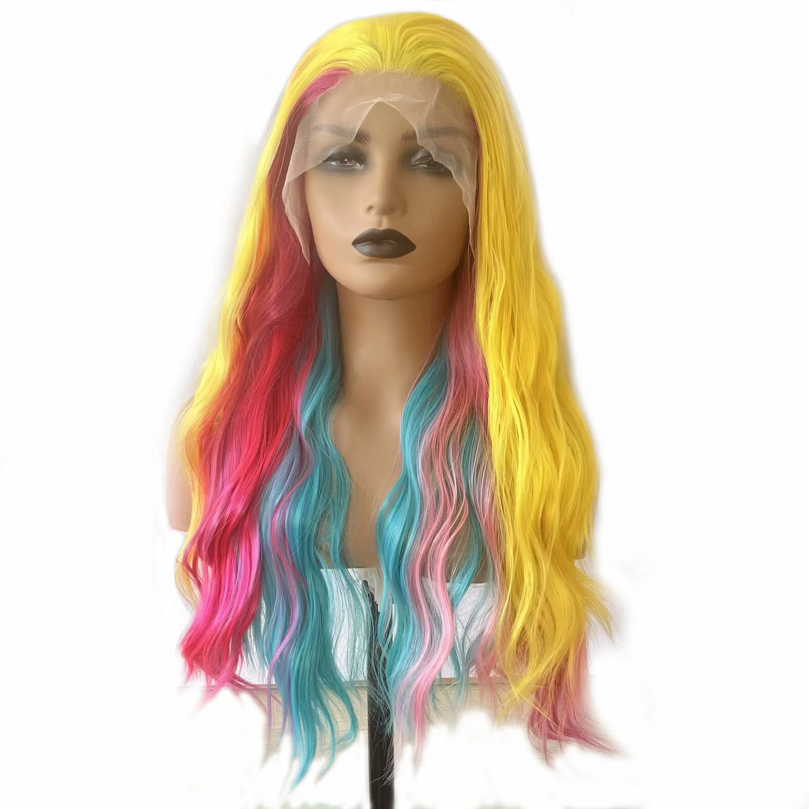 Синтетический парик омбре с желтыми и синими волнистыми волосами - Фотография_2