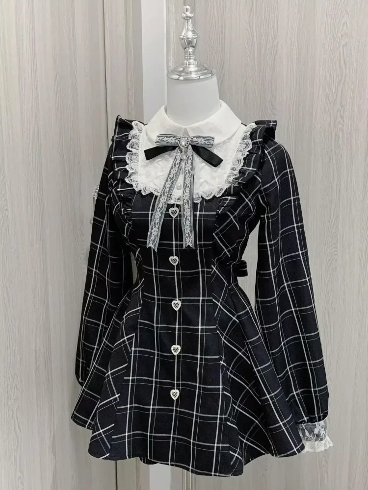 Черные клетчатые платья harajuku sweet bow