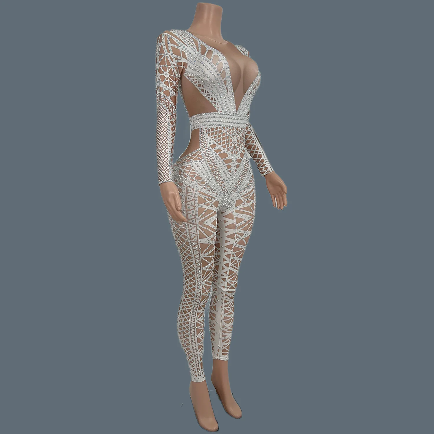 Эластичный комбинезон с блестящим принтом и стразами для женщин - Фотография_4