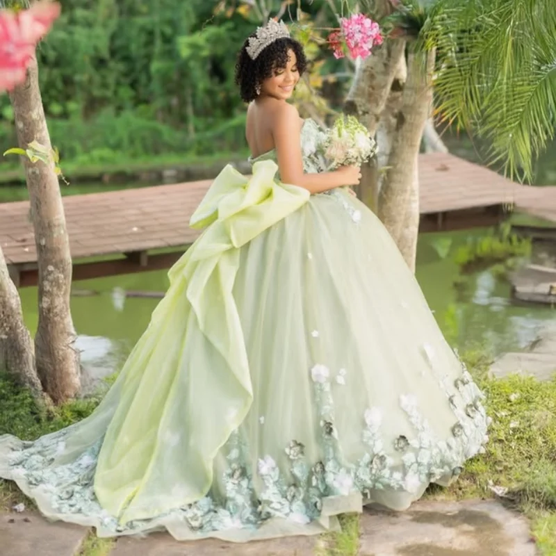 Мятно-зеленое платье quinceanera с открытыми плечами и 3d цветами - Фотография_5