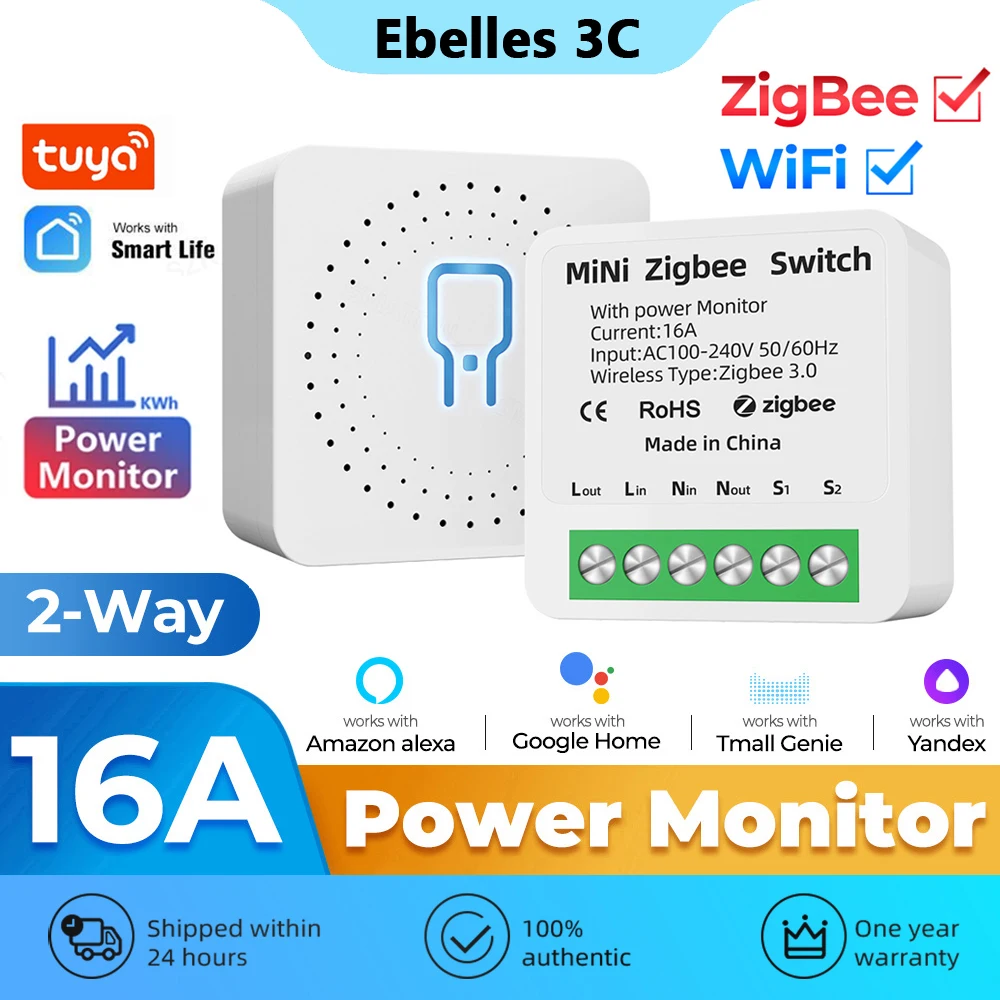 Умный мини-выключатель tuya zigbee/wi-fi с монитором питания