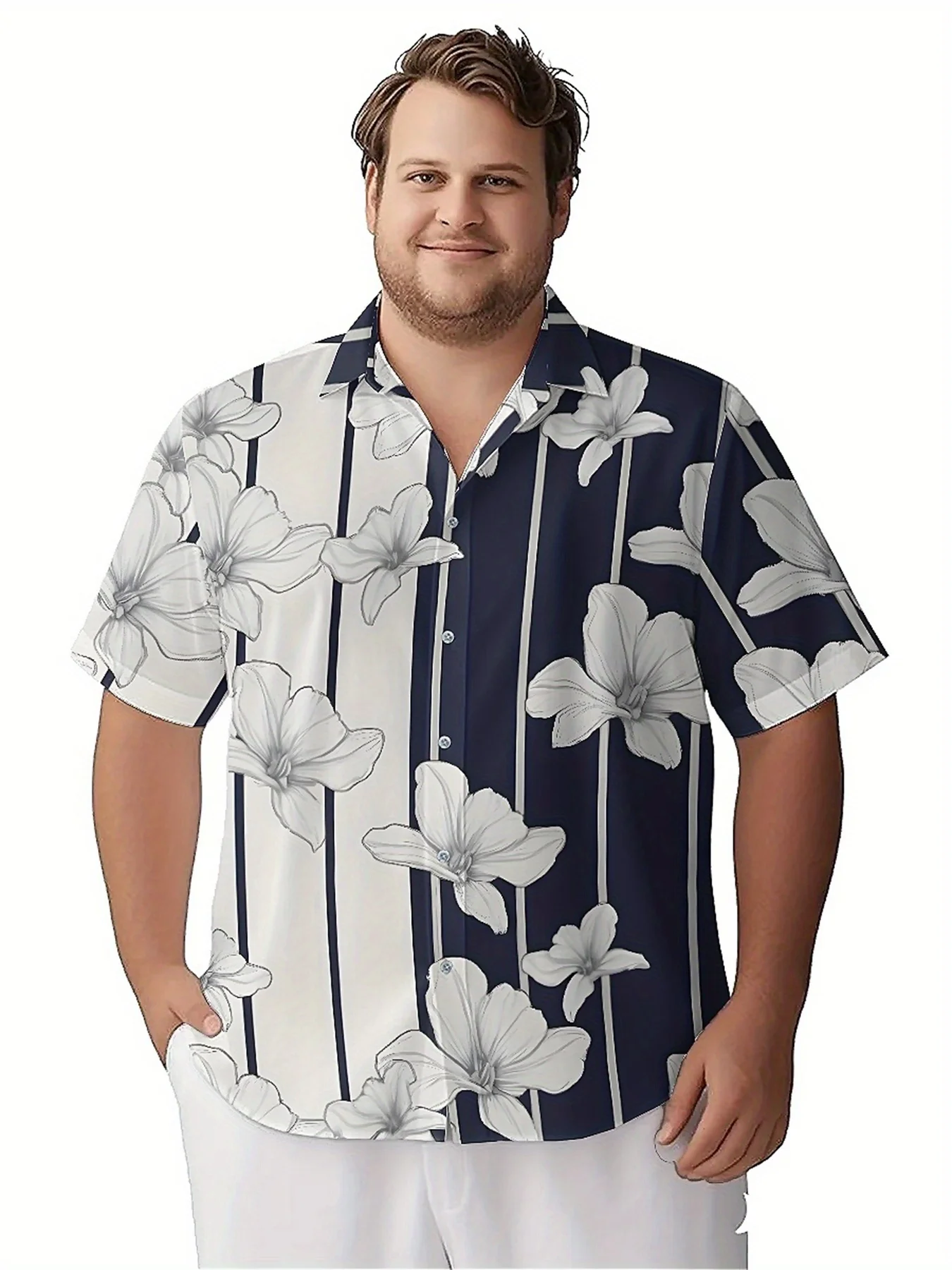 Мужские гавайские рубашки больших размеров с цветочным узором и полосками - Фотография_2