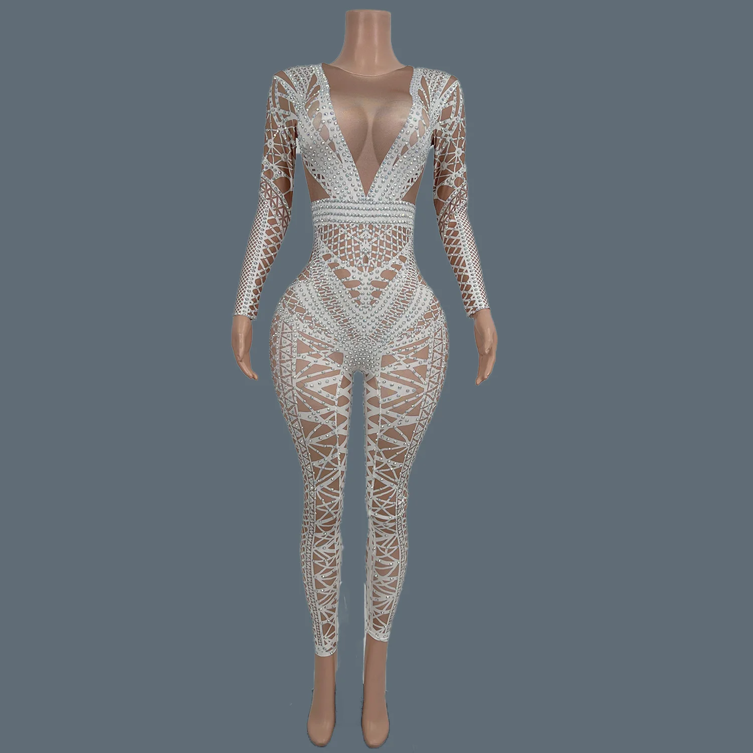 Эластичный комбинезон с блестящим принтом и стразами для женщин - Фотография_2