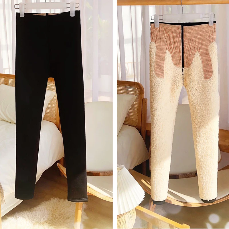 Женские зимние теплые облегающие леггинсы из искусственной овечьей шерсти - Фотография_4
