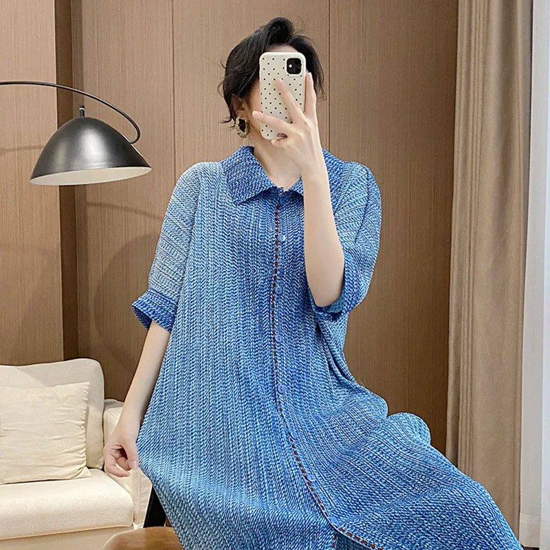 Сплошное цветное модное универсальное платье miyake с лацканами - Фотография_5