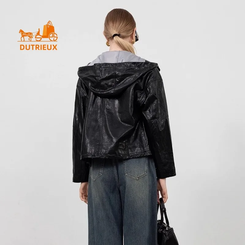 Осенне-зимняя женская свободная короткая кожаная куртка с капюшоном - Фотография_6