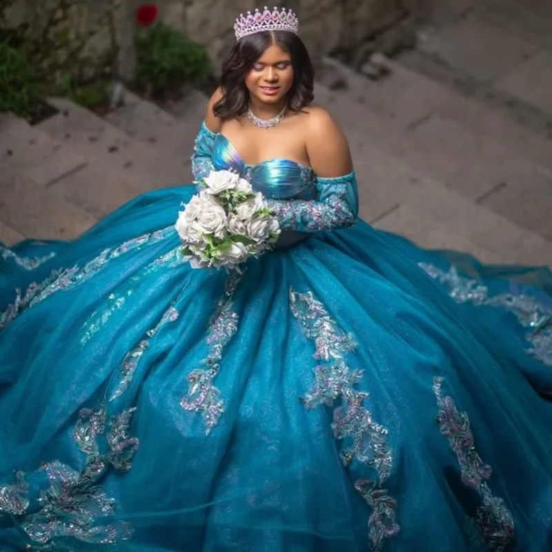 Индивидуальные платья quinceanera синего цвета павлина с открытыми плечами