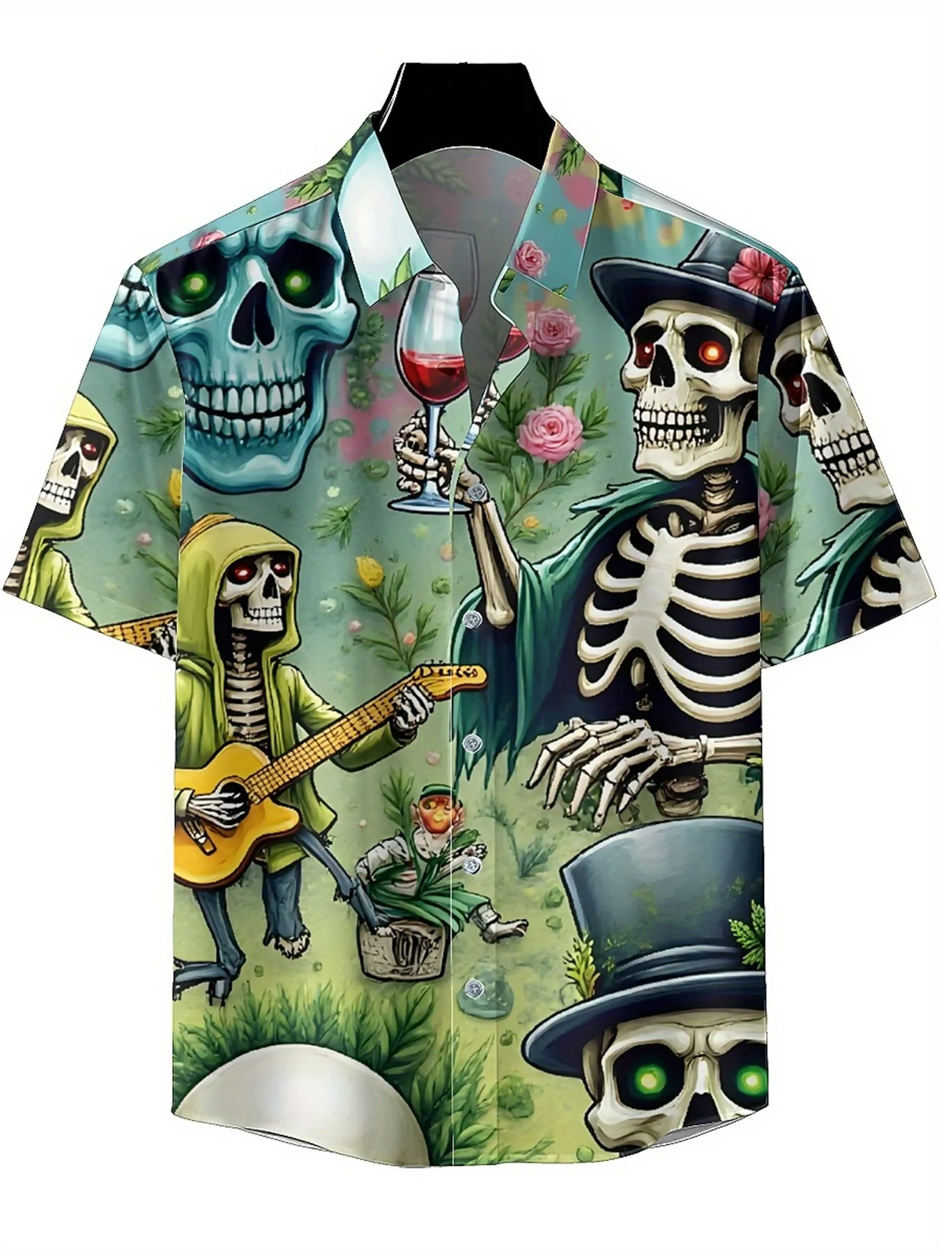 Мужские гавайские рубашки больших размеров с рисунком черепа и цветов - Фотография_2