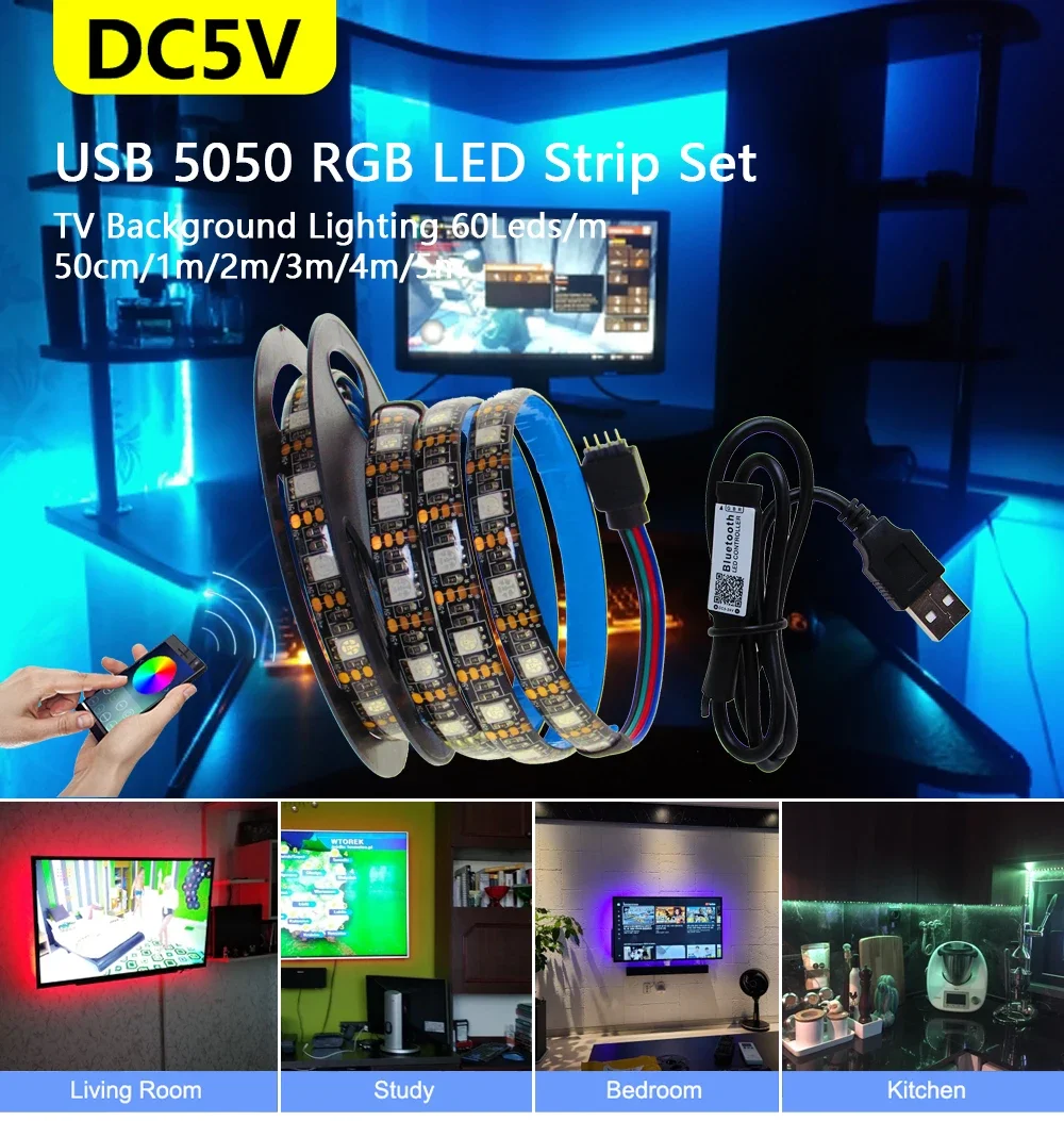 Usb светодиодная лента 5v rgb водонепроницаемый черный pcb 5050 0 - Фотография_4