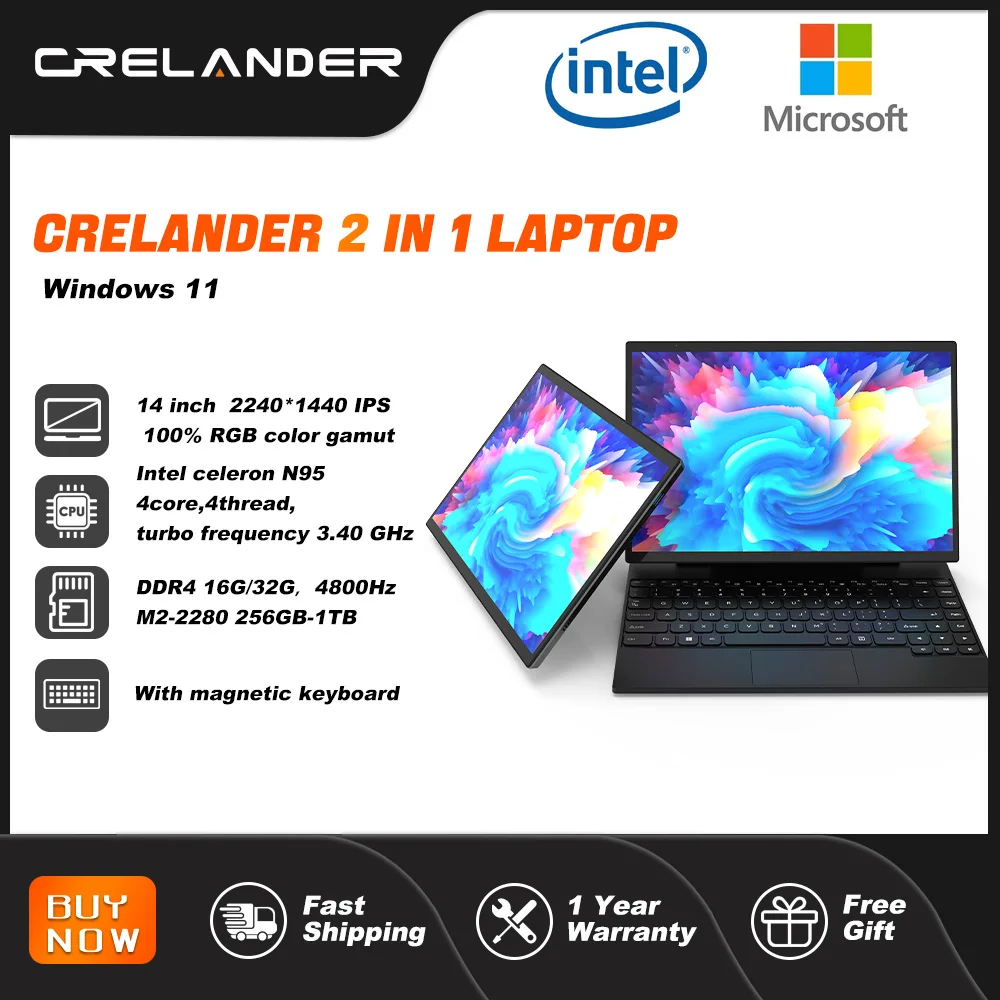 Crelander 2 в 1 ноутбук intel n95