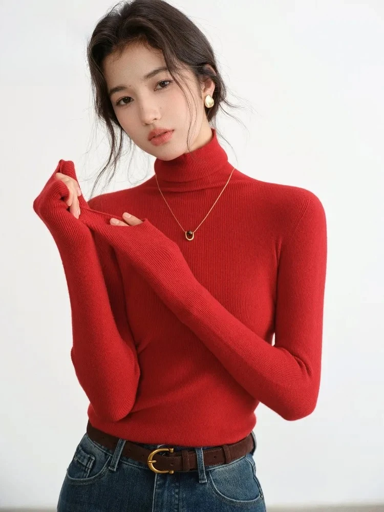 Облегающий эластичный вязаный топ с высоким воротником для женщин - Фотография_2