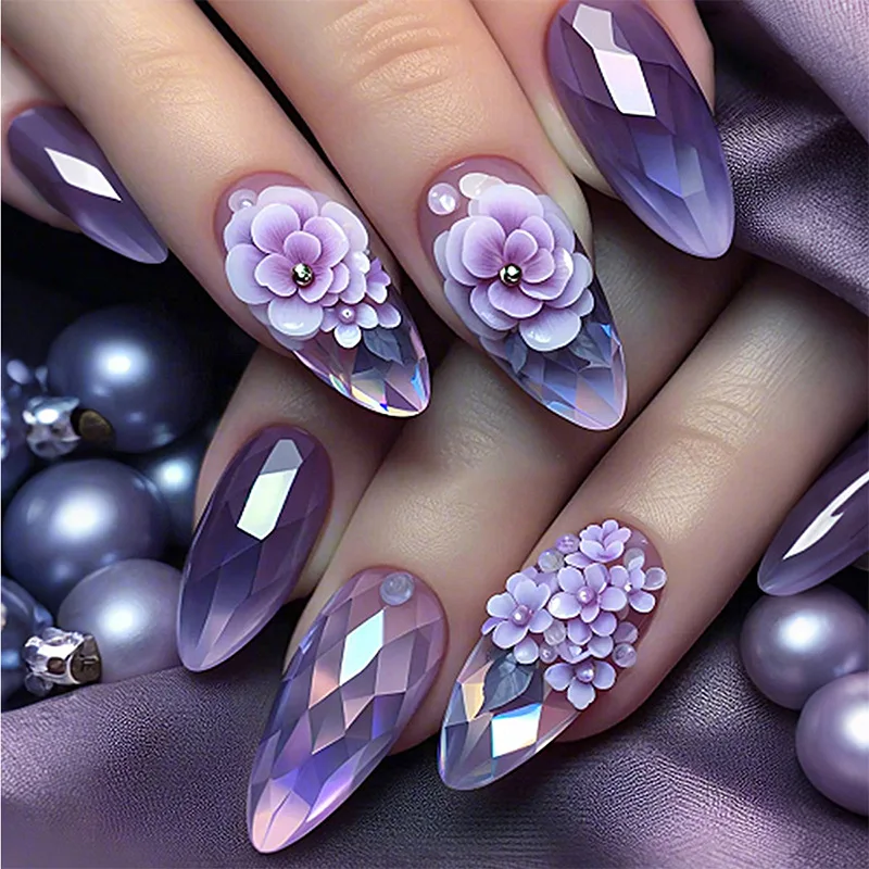 24pcs фиолетовые ногти цветочные - Фотография_3