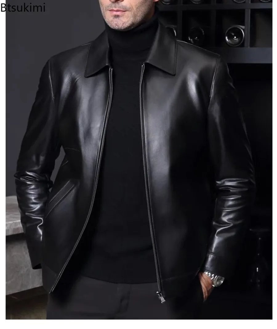 Новые мужские деловые повседневные кожаные куртки - Фотография_5