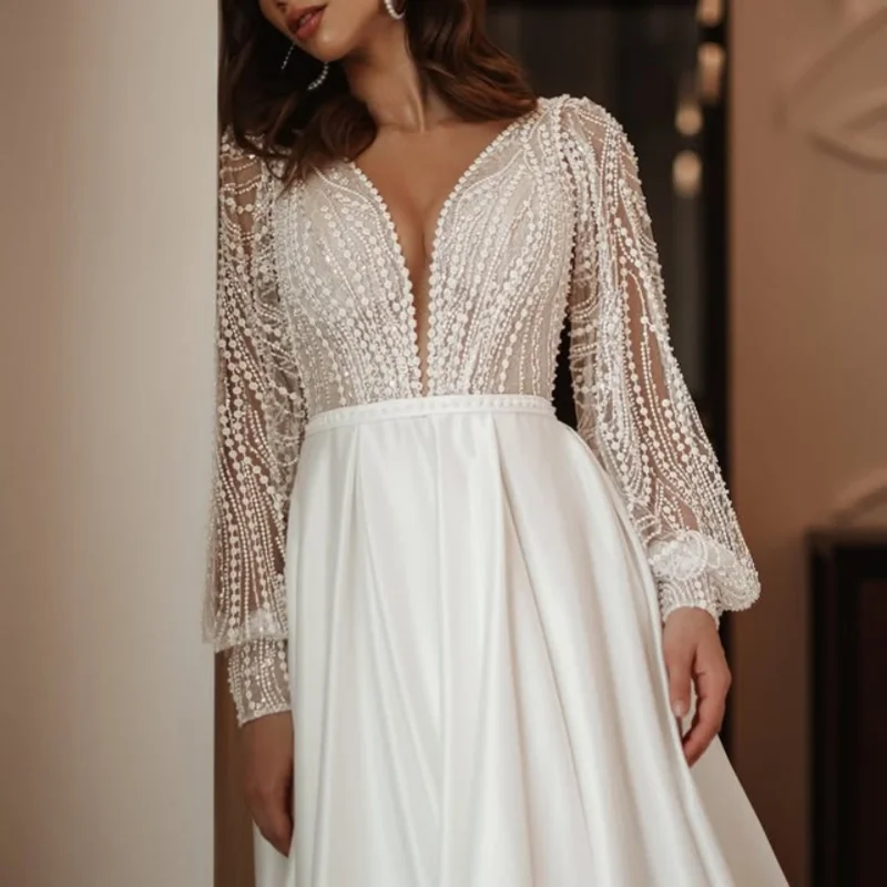 Shiny white wedding dresses off-shoulder