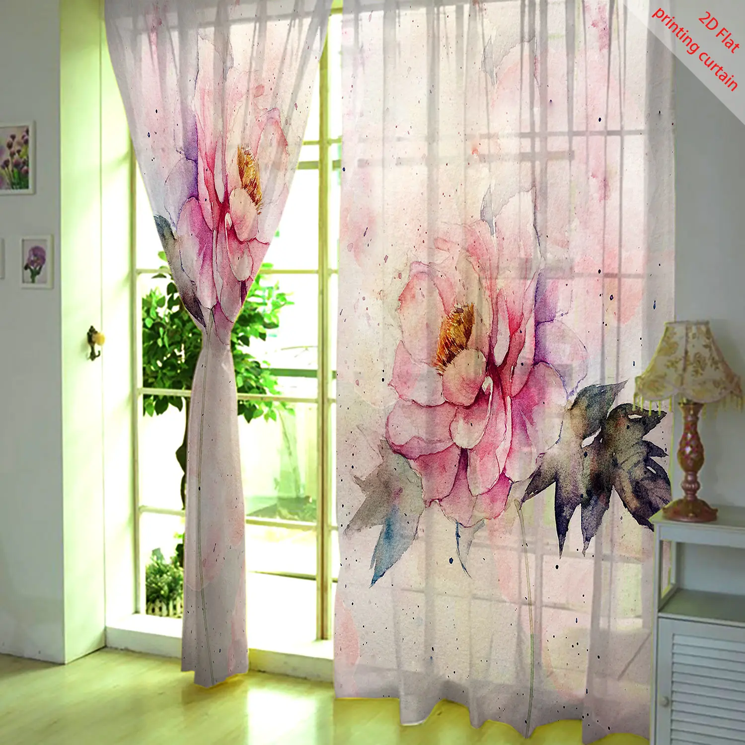 Прозрачная марлевая занавеска с розовым тюльпаном - Фотография_4