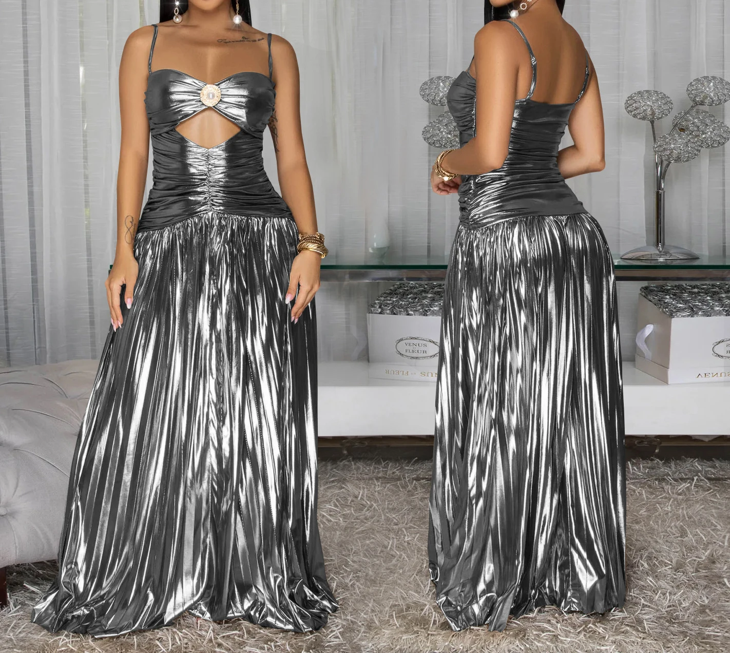 Лето 2022, женское элегантное вечернее платье со вспышкой на бретельках - Фотография_5