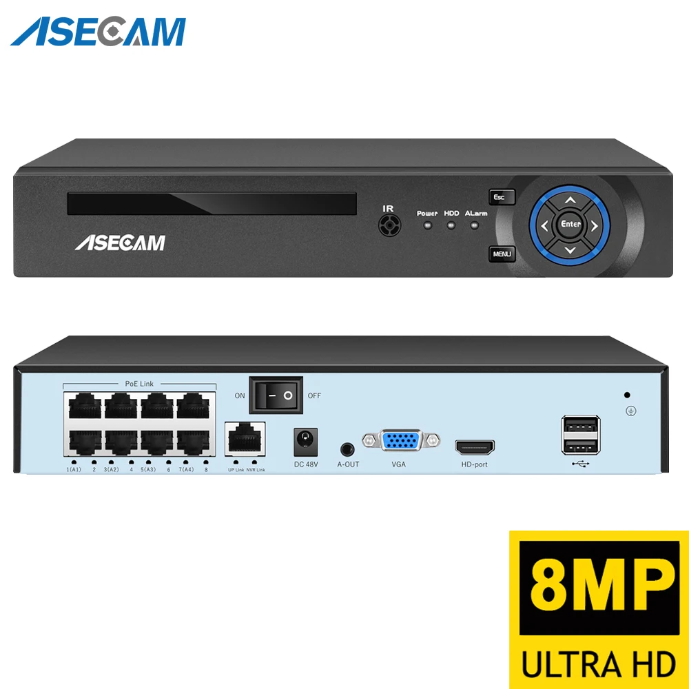Asecam 8mp 4k регистратор видеонаблюдения poe nvr h