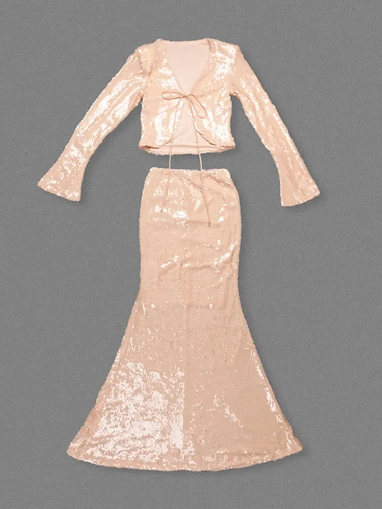 Женский сексуальный сетчатый комплект с длинными рукавами и блестками - Фотография_5