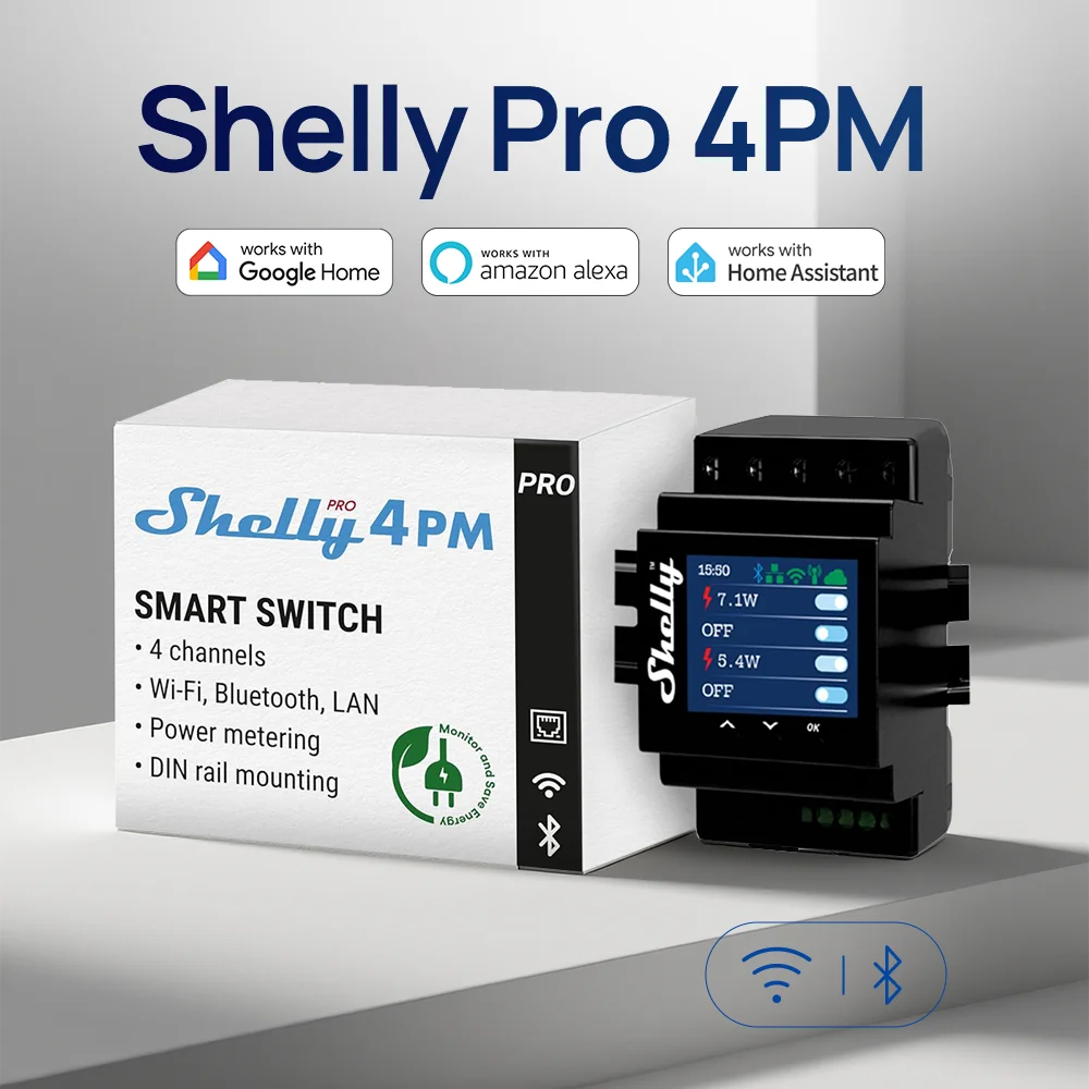 Четырехканальный релейный переключатель shelly pro 4pm lan wi-fi