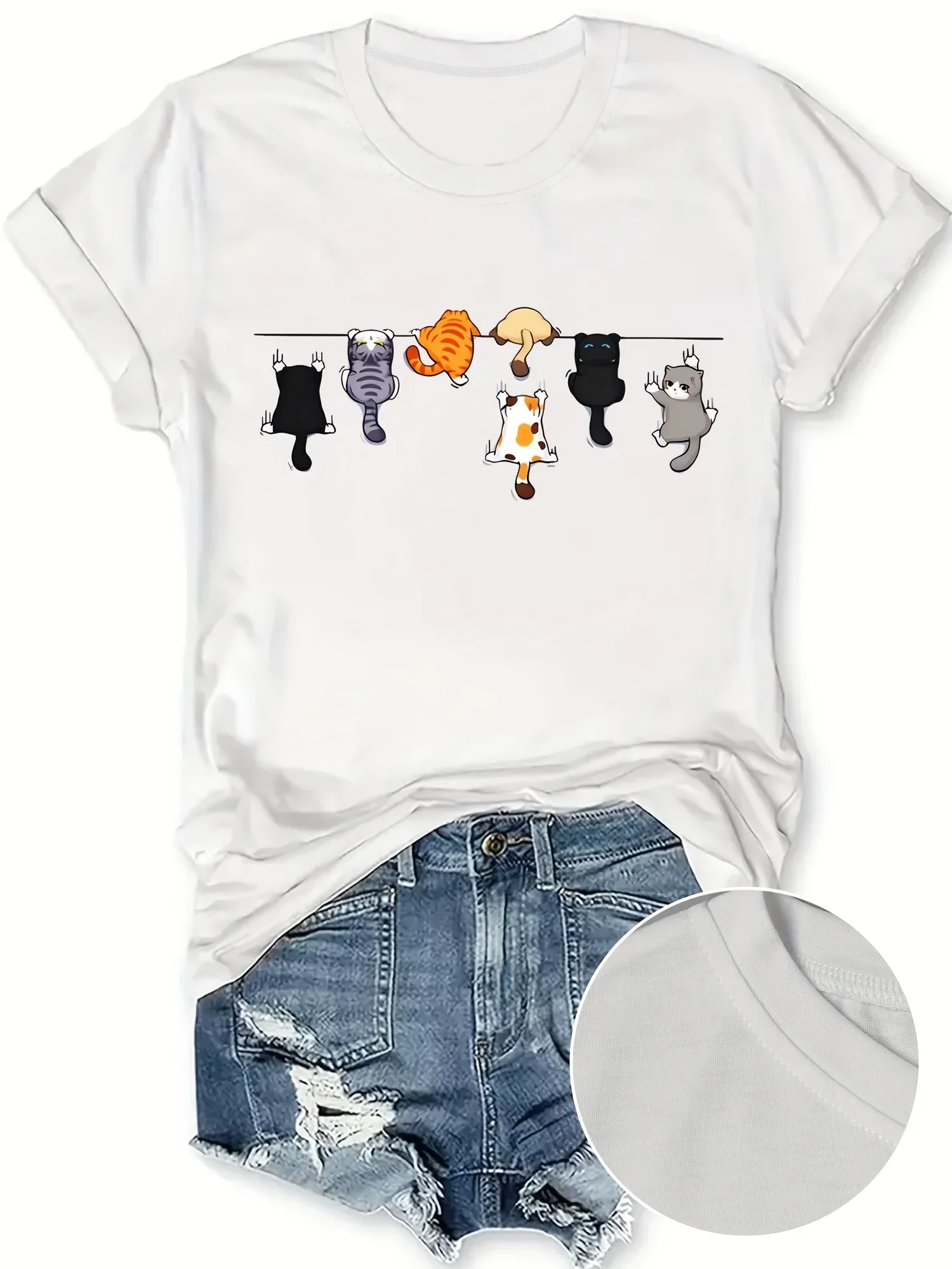 Модная женская футболка с милым принтом кота и коротким рукавом - Фотография_2