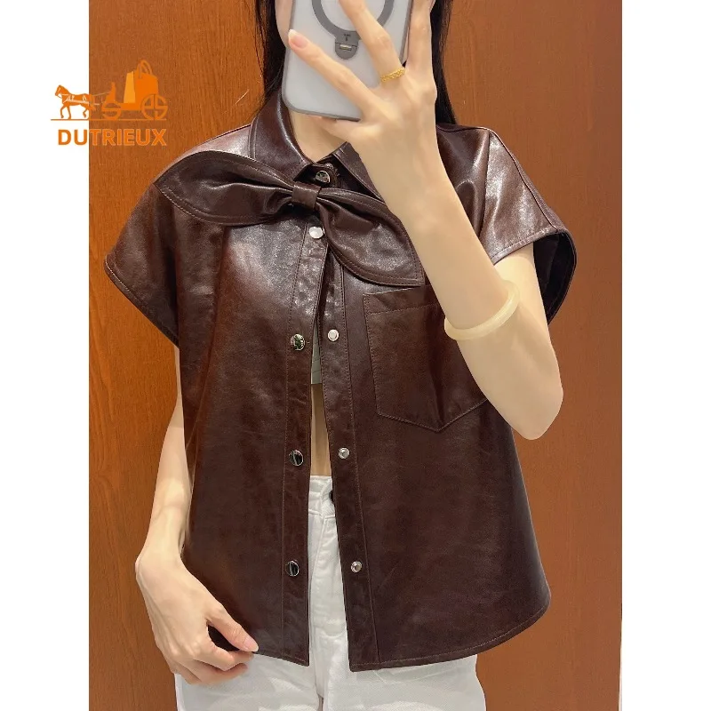 Осенний женский жилет из натуральной кожи со съемным бантом на воротнике - Фотография_2