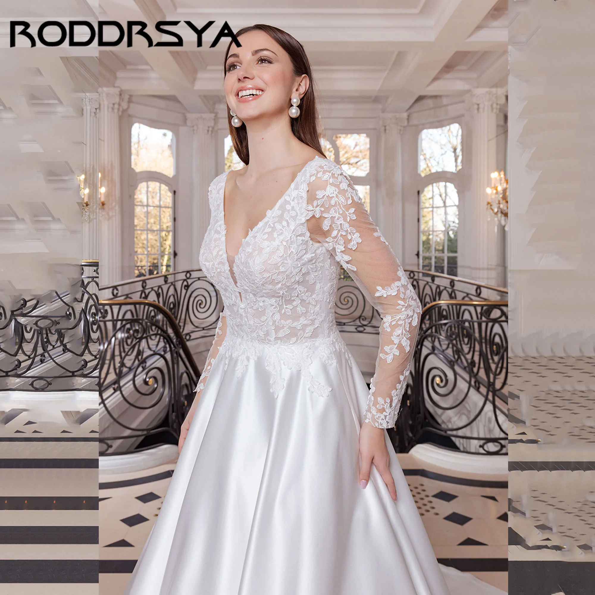 Roddrsya атласное свадебное платье с длинными рукавами и аппликацией - Фотография_3