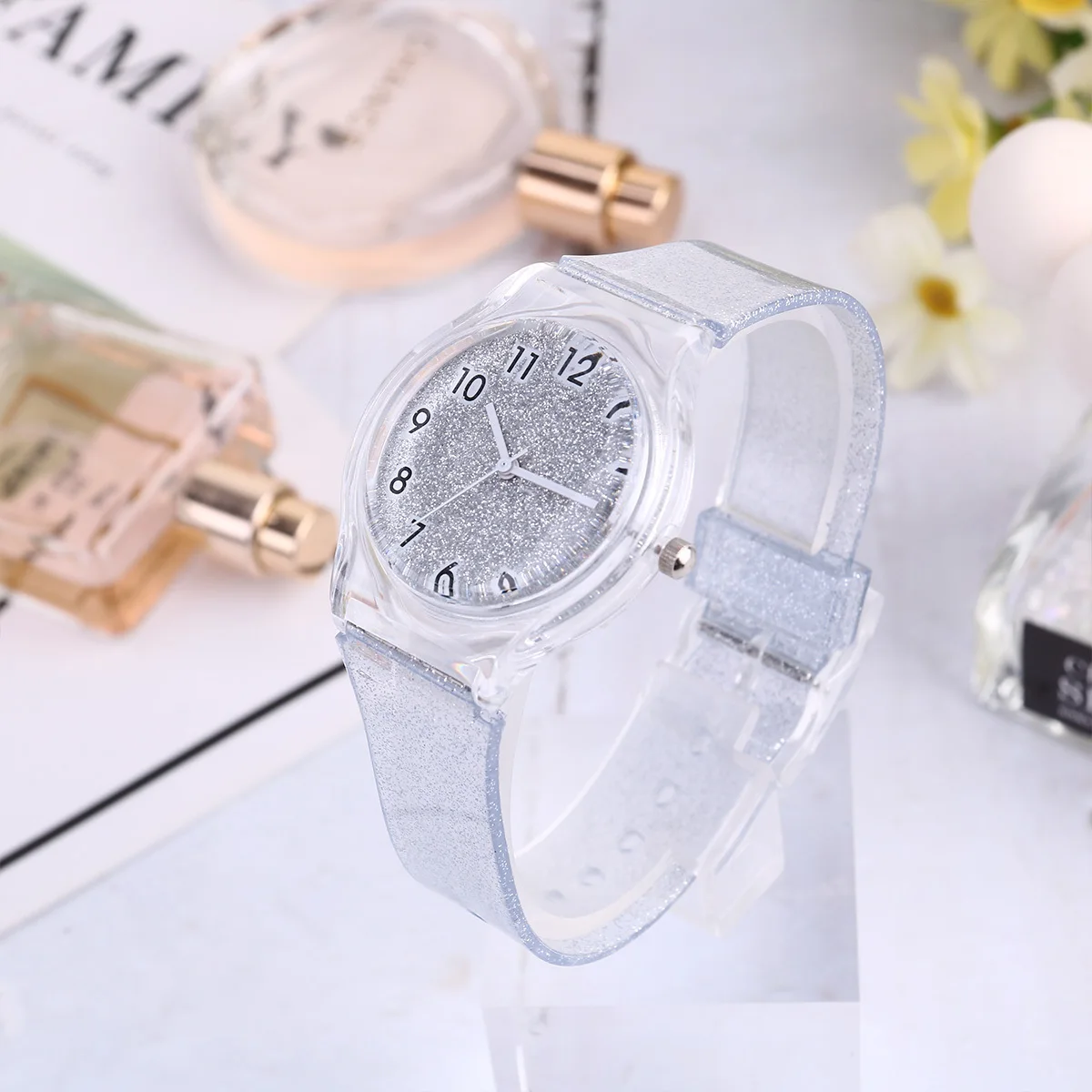 Серебряные прозрачные детские часы с блестками