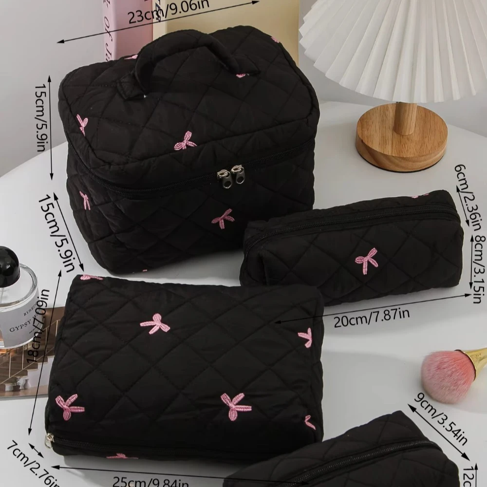 Черная женская портативная косметичка большой емкости с розовым бантом - Фотография_3