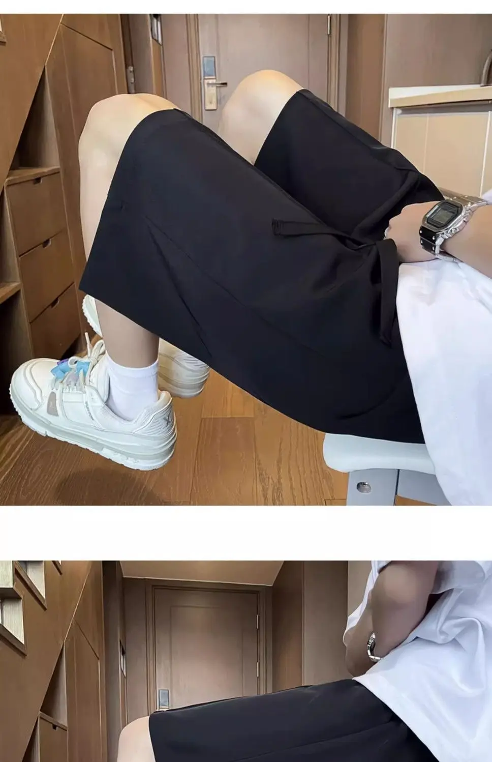 Мужские летние черно-белые однотонные шорты из ледяного шелка - Фотография_5