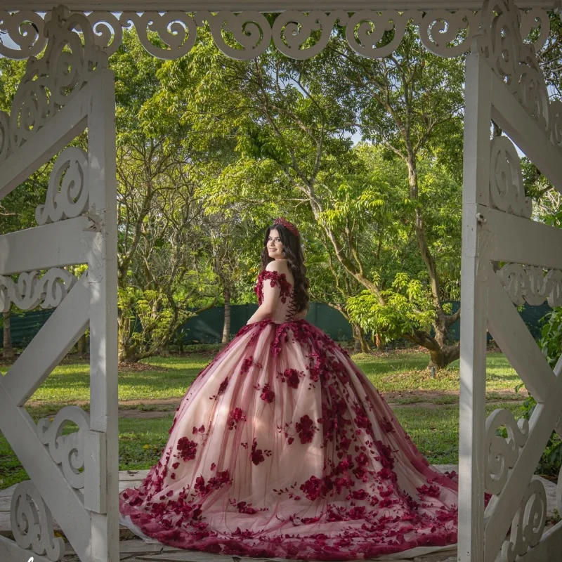 Индивидуальные винно-красные платья quinceanera с открытыми плечами - Фотография_6