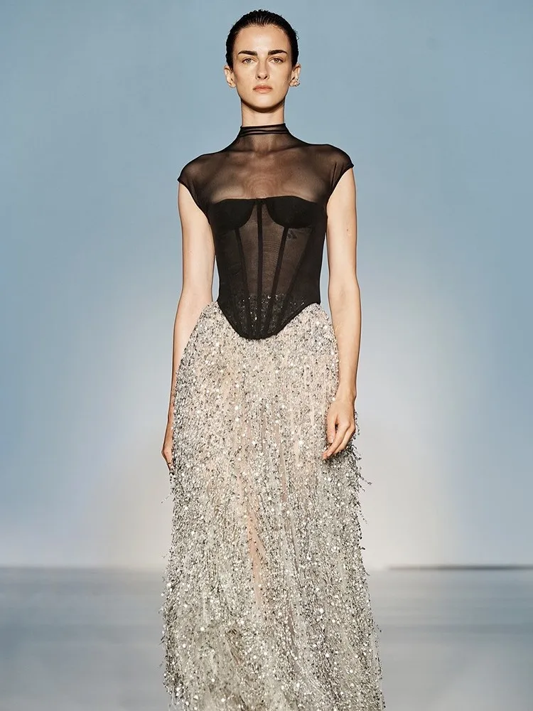 Женское сексуальное платье знаменитостей без рукавов в стиле пэчворк - Фотография_3