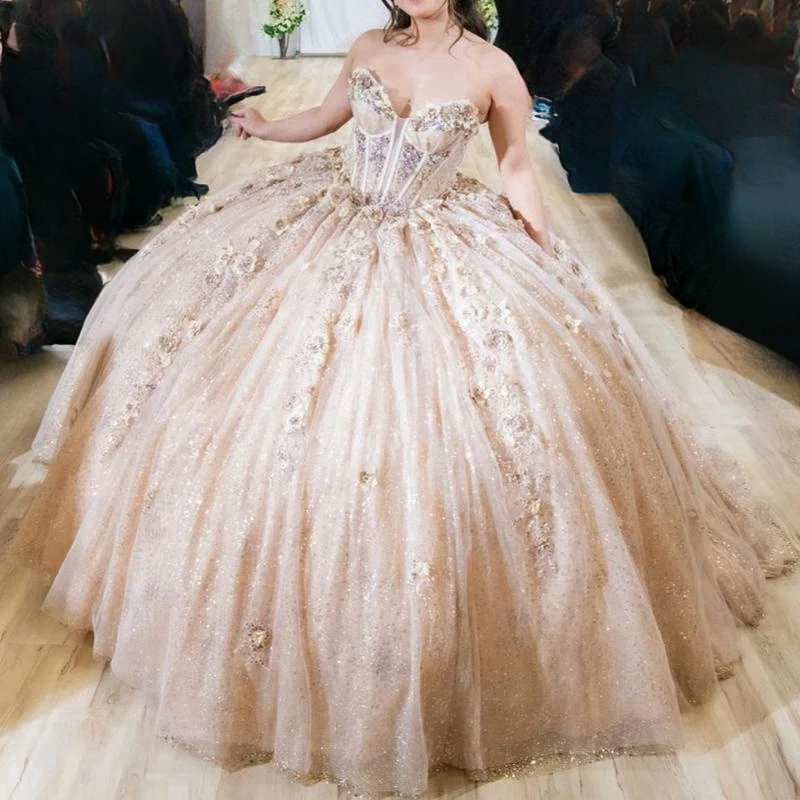 Блестящие платья quinceanera цвета шампанского по индивидуальному заказу