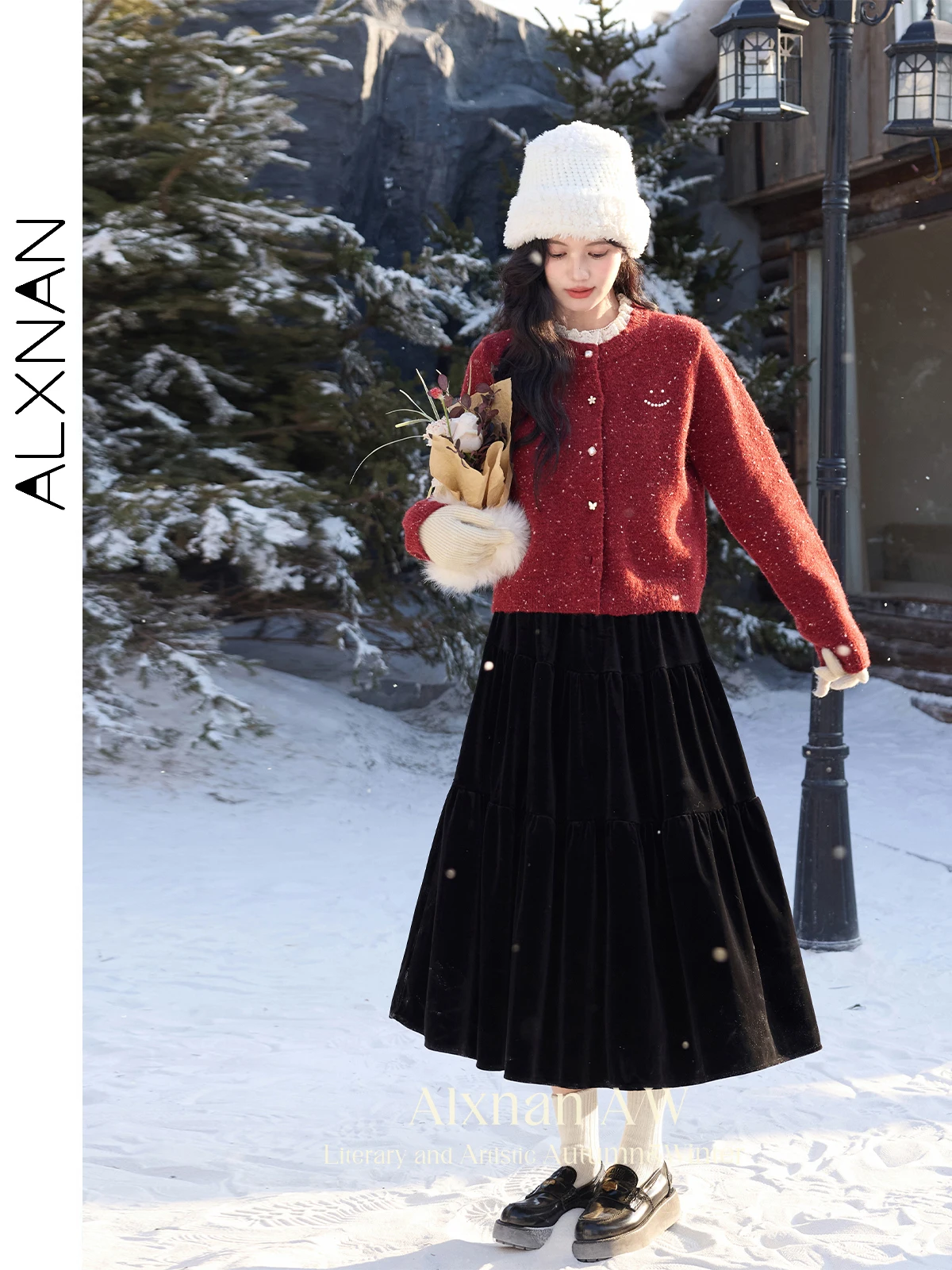 Alxnan красный кардиган с кружевным воротником - Фотография_2