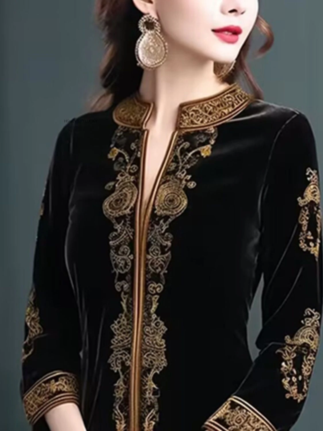 Осень-зима, новое женское бархатное платье с v-образным вырезом и вышивкой - Фотография_2