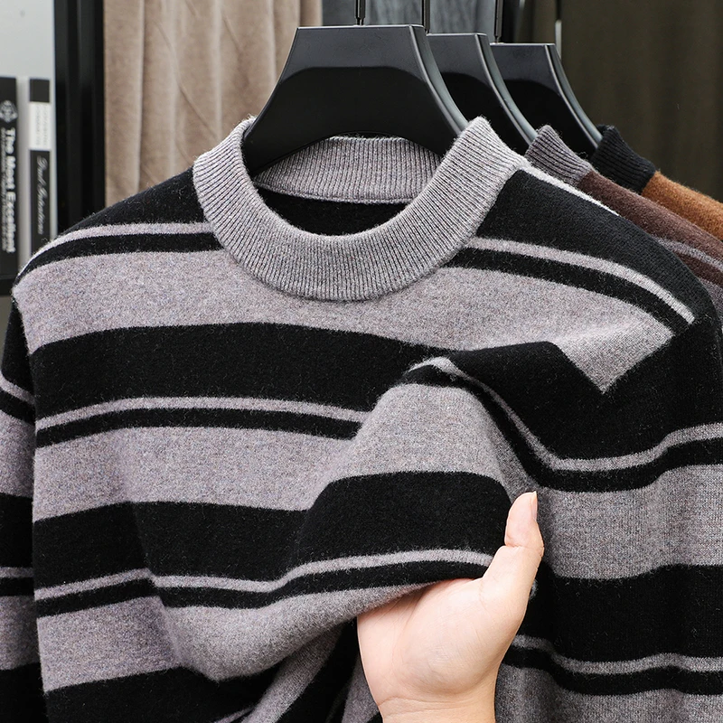 100% шерсть, мужской осенне-зимний свитер с круглым вырезом в полоску