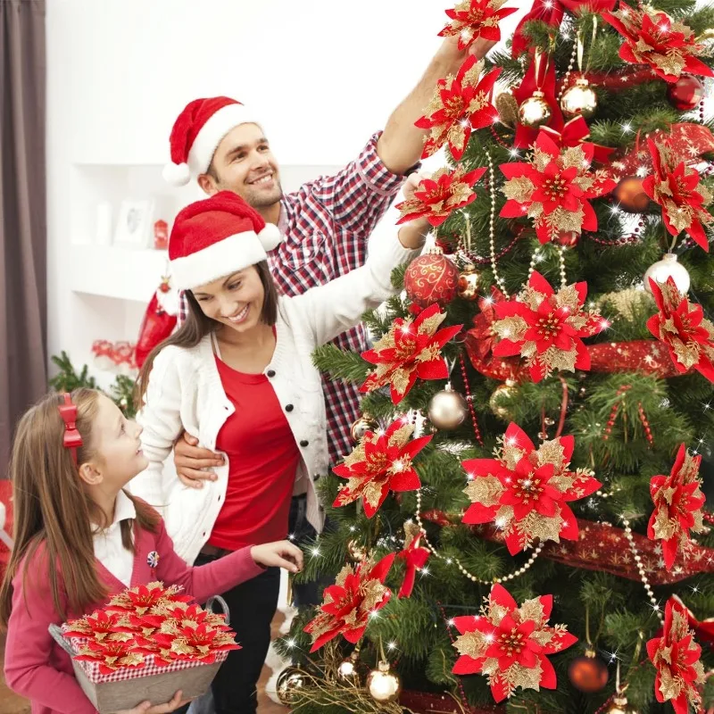 Большие блестящие искусственные рождественские цветы с зажимами - Фотография_3