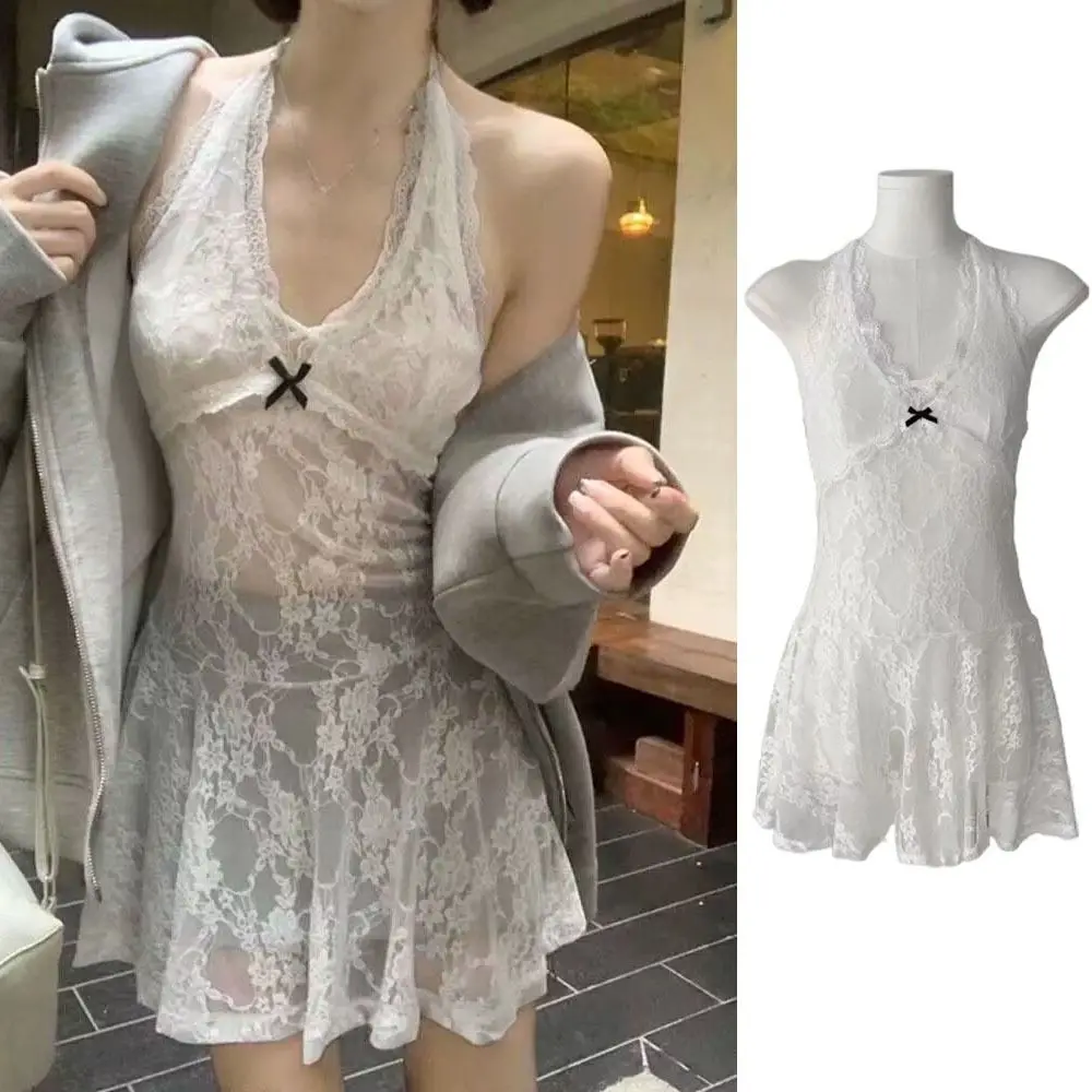 Модное прозрачное кружевное платье с лямкой на шее - Фотография_2